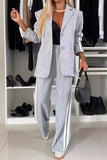 Women - Full Size Contrast Lapel Collar Top and Pants Set