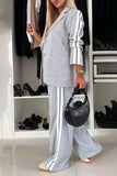 Women - Full Size Contrast Lapel Collar Top and Pants Set